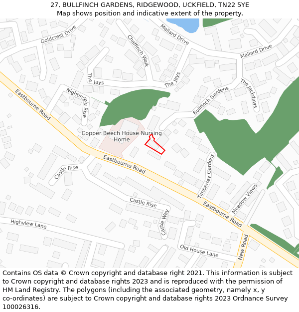 27, BULLFINCH GARDENS, RIDGEWOOD, UCKFIELD, TN22 5YE: Location map and indicative extent of plot