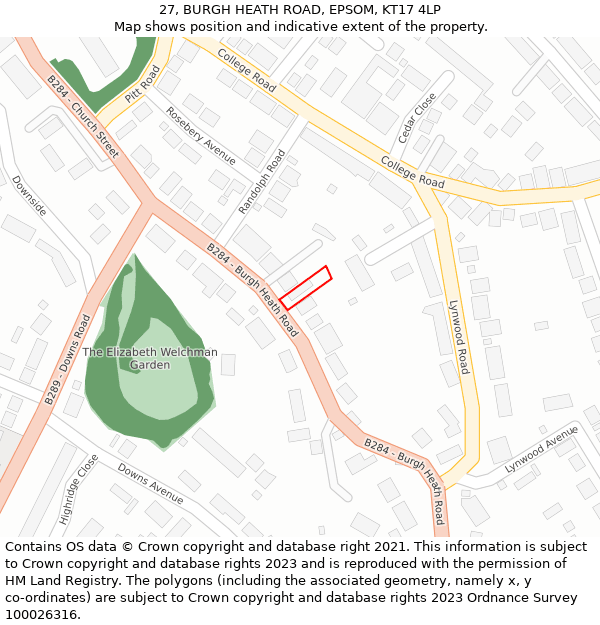 27, BURGH HEATH ROAD, EPSOM, KT17 4LP: Location map and indicative extent of plot