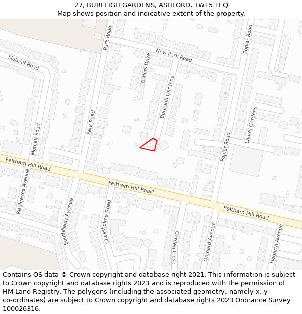 27, BURLEIGH GARDENS, ASHFORD, TW15 1EQ: Location map and indicative extent of plot