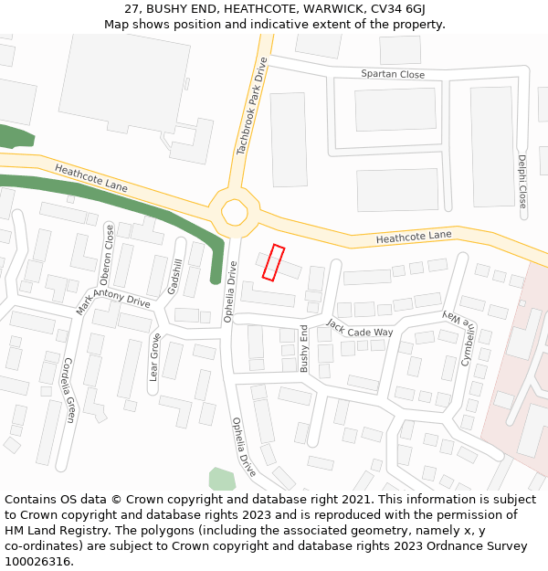 27, BUSHY END, HEATHCOTE, WARWICK, CV34 6GJ: Location map and indicative extent of plot