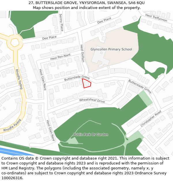 27, BUTTERSLADE GROVE, YNYSFORGAN, SWANSEA, SA6 6QU: Location map and indicative extent of plot