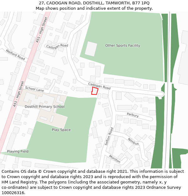 27, CADOGAN ROAD, DOSTHILL, TAMWORTH, B77 1PQ: Location map and indicative extent of plot