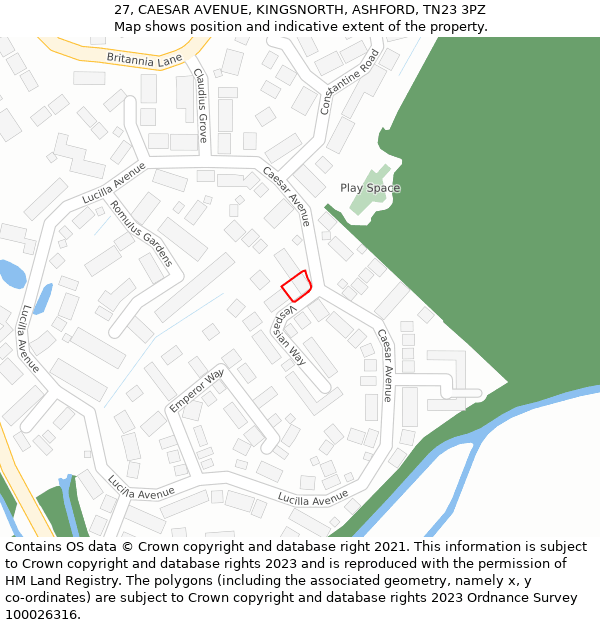 27, CAESAR AVENUE, KINGSNORTH, ASHFORD, TN23 3PZ: Location map and indicative extent of plot