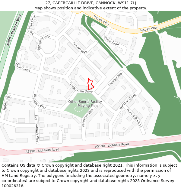 27, CAPERCAILLIE DRIVE, CANNOCK, WS11 7LJ: Location map and indicative extent of plot