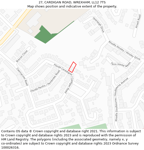 27, CARDIGAN ROAD, WREXHAM, LL12 7TS: Location map and indicative extent of plot