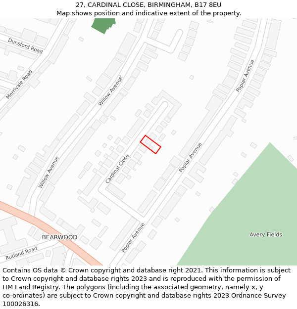 27, CARDINAL CLOSE, BIRMINGHAM, B17 8EU: Location map and indicative extent of plot