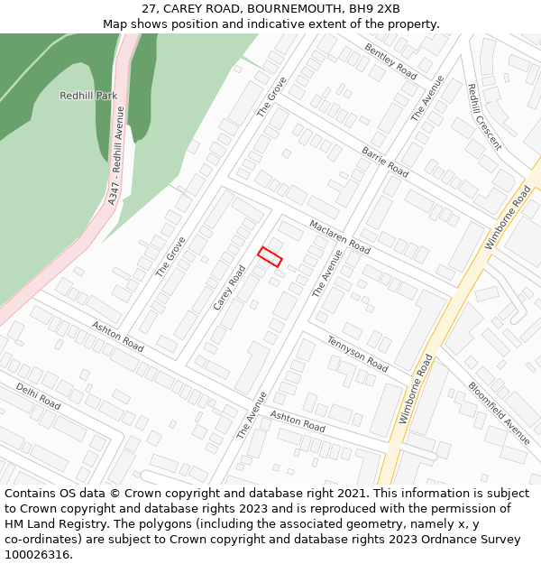 27, CAREY ROAD, BOURNEMOUTH, BH9 2XB: Location map and indicative extent of plot