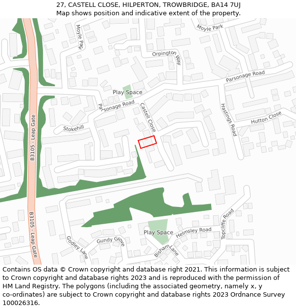 27, CASTELL CLOSE, HILPERTON, TROWBRIDGE, BA14 7UJ: Location map and indicative extent of plot