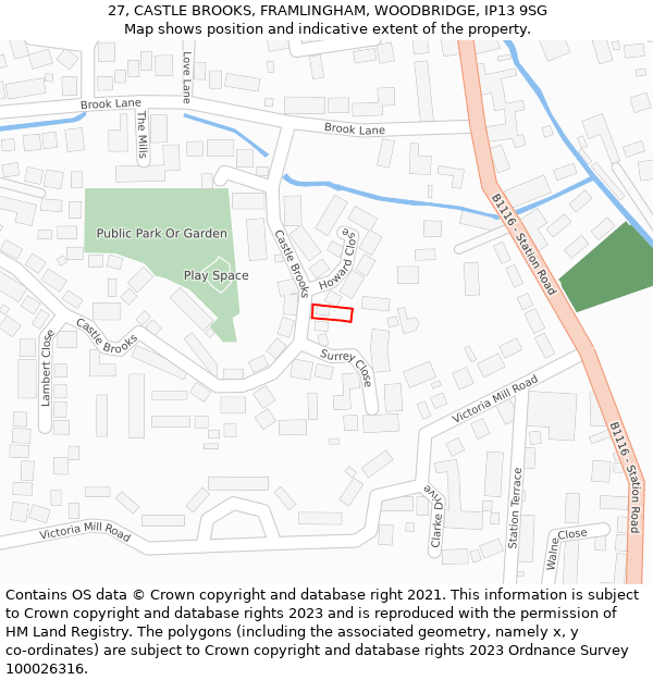 27, CASTLE BROOKS, FRAMLINGHAM, WOODBRIDGE, IP13 9SG: Location map and indicative extent of plot