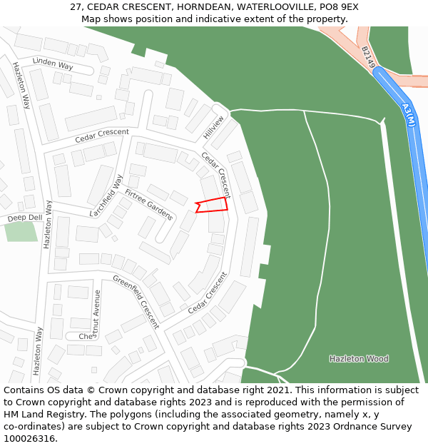 27, CEDAR CRESCENT, HORNDEAN, WATERLOOVILLE, PO8 9EX: Location map and indicative extent of plot