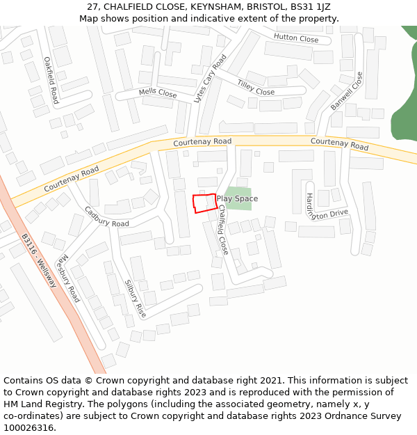 27, CHALFIELD CLOSE, KEYNSHAM, BRISTOL, BS31 1JZ: Location map and indicative extent of plot