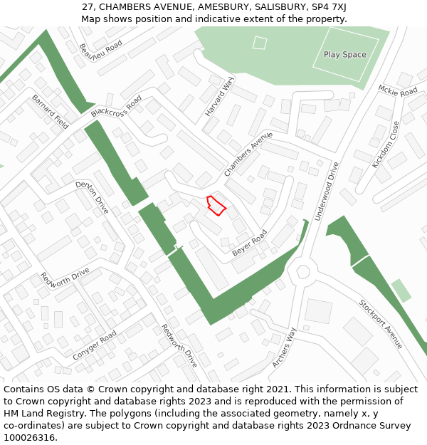 27, CHAMBERS AVENUE, AMESBURY, SALISBURY, SP4 7XJ: Location map and indicative extent of plot