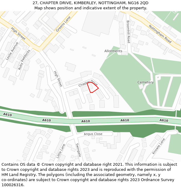 27, CHAPTER DRIVE, KIMBERLEY, NOTTINGHAM, NG16 2QD: Location map and indicative extent of plot