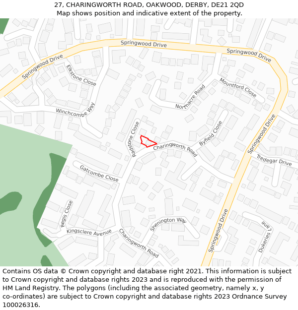 27, CHARINGWORTH ROAD, OAKWOOD, DERBY, DE21 2QD: Location map and indicative extent of plot
