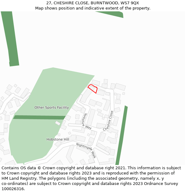 27, CHESHIRE CLOSE, BURNTWOOD, WS7 9QX: Location map and indicative extent of plot