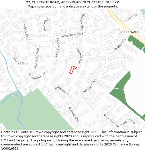 27, CHESTNUT ROAD, ABBEYMEAD, GLOUCESTER, GL4 4XZ: Location map and indicative extent of plot