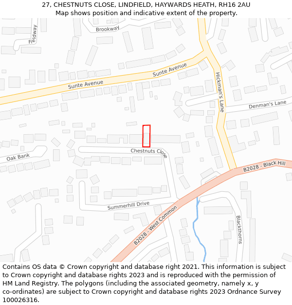 27, CHESTNUTS CLOSE, LINDFIELD, HAYWARDS HEATH, RH16 2AU: Location map and indicative extent of plot