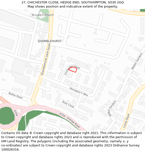 27, CHICHESTER CLOSE, HEDGE END, SOUTHAMPTON, SO30 2GQ: Location map and indicative extent of plot