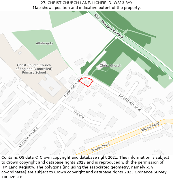 27, CHRIST CHURCH LANE, LICHFIELD, WS13 8AY: Location map and indicative extent of plot