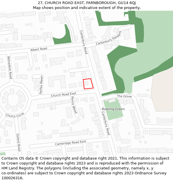 27, CHURCH ROAD EAST, FARNBOROUGH, GU14 6QJ: Location map and indicative extent of plot