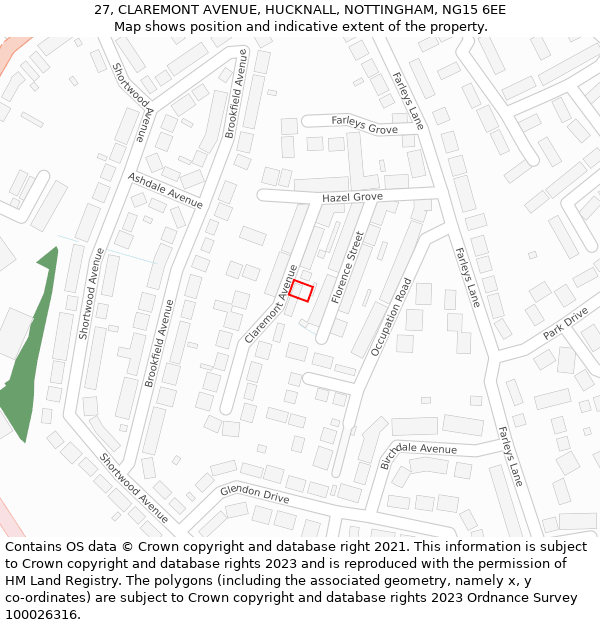 27, CLAREMONT AVENUE, HUCKNALL, NOTTINGHAM, NG15 6EE: Location map and indicative extent of plot