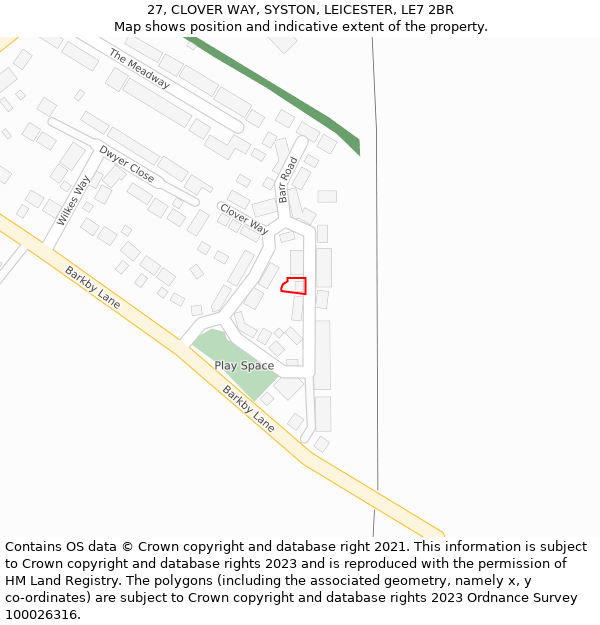 27, CLOVER WAY, SYSTON, LEICESTER, LE7 2BR: Location map and indicative extent of plot