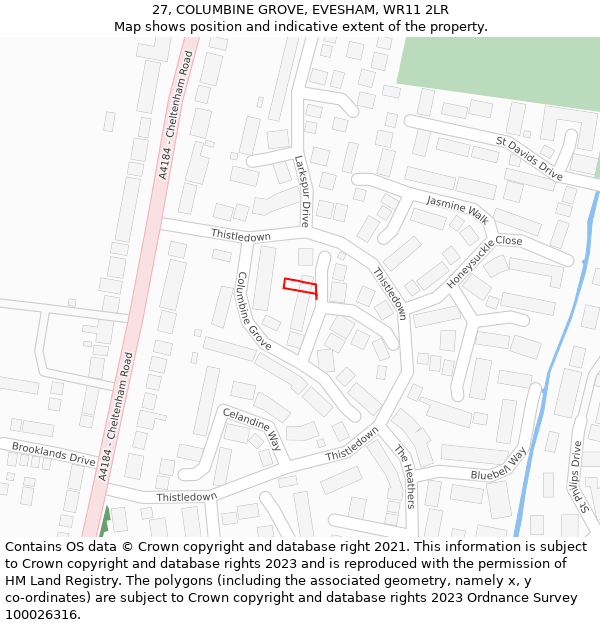 27, COLUMBINE GROVE, EVESHAM, WR11 2LR: Location map and indicative extent of plot