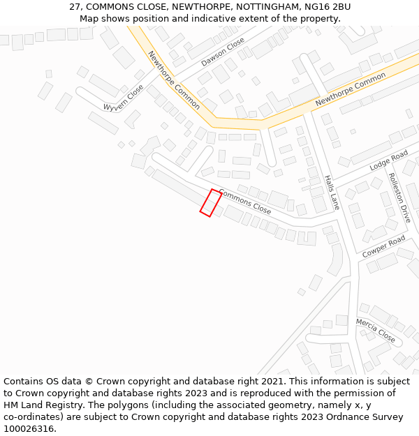 27, COMMONS CLOSE, NEWTHORPE, NOTTINGHAM, NG16 2BU: Location map and indicative extent of plot