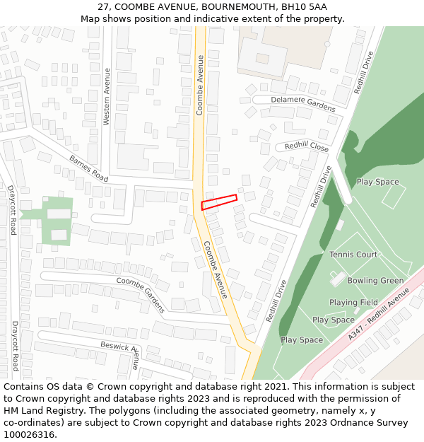 27, COOMBE AVENUE, BOURNEMOUTH, BH10 5AA: Location map and indicative extent of plot