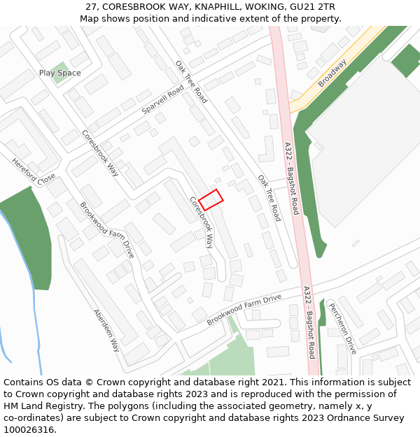 27, CORESBROOK WAY, KNAPHILL, WOKING, GU21 2TR: Location map and indicative extent of plot