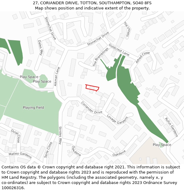 27, CORIANDER DRIVE, TOTTON, SOUTHAMPTON, SO40 8FS: Location map and indicative extent of plot