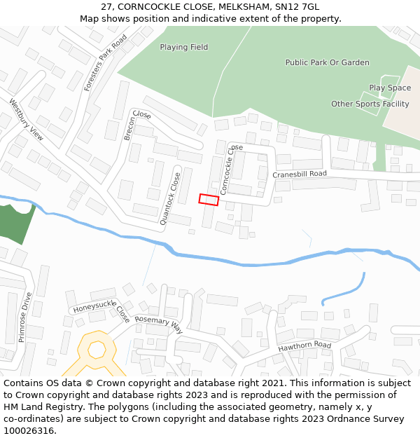 27, CORNCOCKLE CLOSE, MELKSHAM, SN12 7GL: Location map and indicative extent of plot