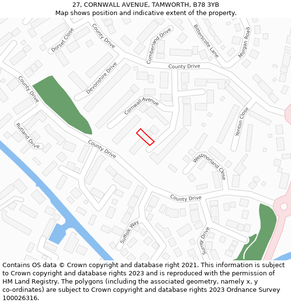 27, CORNWALL AVENUE, TAMWORTH, B78 3YB: Location map and indicative extent of plot