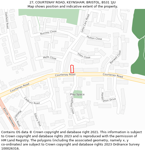 27, COURTENAY ROAD, KEYNSHAM, BRISTOL, BS31 1JU: Location map and indicative extent of plot