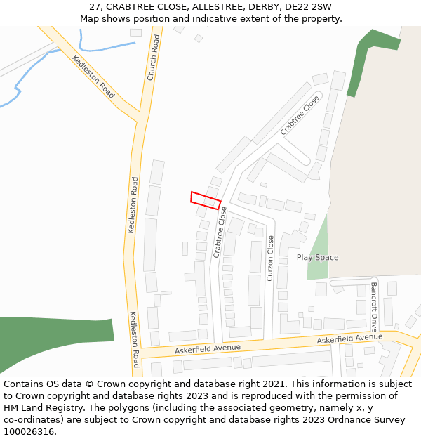 27, CRABTREE CLOSE, ALLESTREE, DERBY, DE22 2SW: Location map and indicative extent of plot
