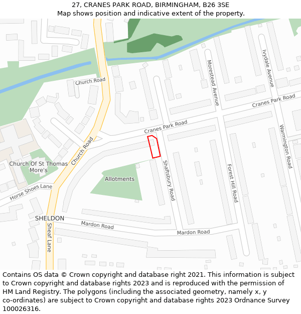 27, CRANES PARK ROAD, BIRMINGHAM, B26 3SE: Location map and indicative extent of plot