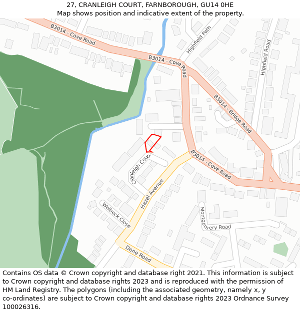 27, CRANLEIGH COURT, FARNBOROUGH, GU14 0HE: Location map and indicative extent of plot