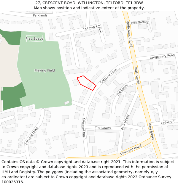 27, CRESCENT ROAD, WELLINGTON, TELFORD, TF1 3DW: Location map and indicative extent of plot