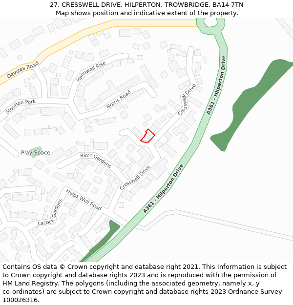 27, CRESSWELL DRIVE, HILPERTON, TROWBRIDGE, BA14 7TN: Location map and indicative extent of plot