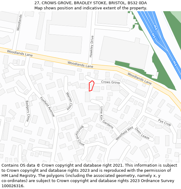 27, CROWS GROVE, BRADLEY STOKE, BRISTOL, BS32 0DA: Location map and indicative extent of plot