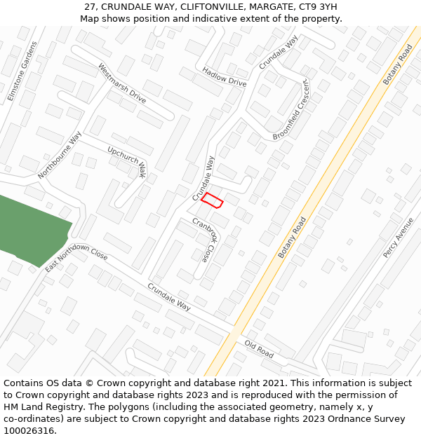 27, CRUNDALE WAY, CLIFTONVILLE, MARGATE, CT9 3YH: Location map and indicative extent of plot