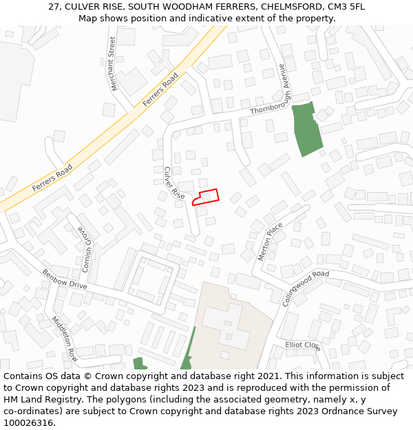 27, CULVER RISE, SOUTH WOODHAM FERRERS, CHELMSFORD, CM3 5FL: Location map and indicative extent of plot