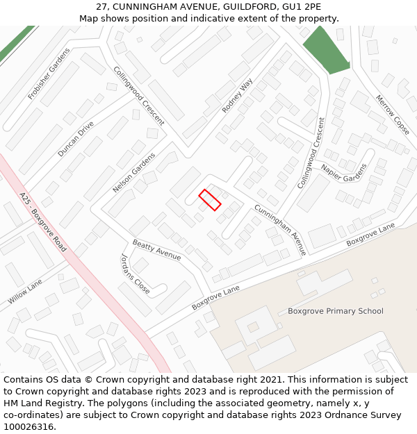 27, CUNNINGHAM AVENUE, GUILDFORD, GU1 2PE: Location map and indicative extent of plot