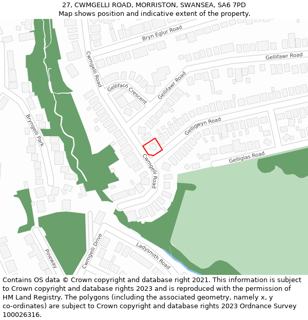 27, CWMGELLI ROAD, MORRISTON, SWANSEA, SA6 7PD: Location map and indicative extent of plot