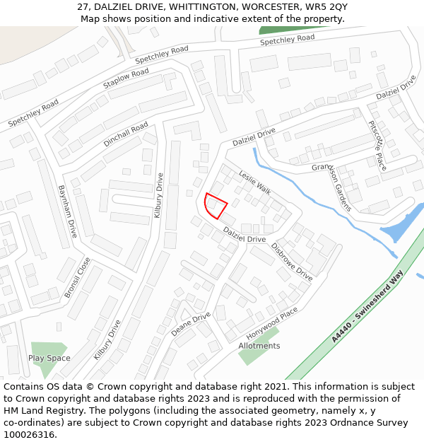 27, DALZIEL DRIVE, WHITTINGTON, WORCESTER, WR5 2QY: Location map and indicative extent of plot