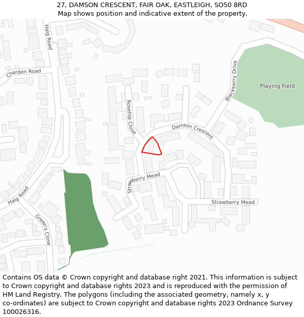 27, DAMSON CRESCENT, FAIR OAK, EASTLEIGH, SO50 8RD: Location map and indicative extent of plot