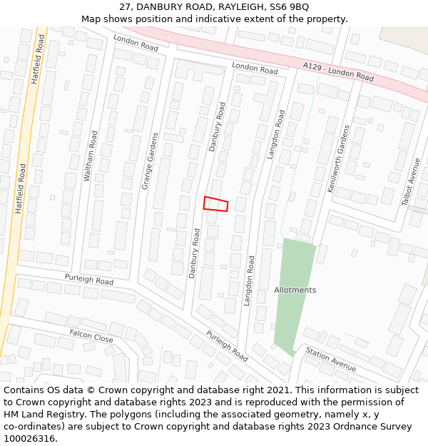 27, DANBURY ROAD, RAYLEIGH, SS6 9BQ: Location map and indicative extent of plot