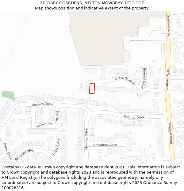 27, DARCY GARDENS, MELTON MOWBRAY, LE13 1GZ: Location map and indicative extent of plot