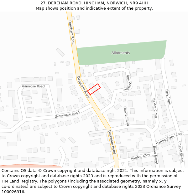 27, DEREHAM ROAD, HINGHAM, NORWICH, NR9 4HH: Location map and indicative extent of plot