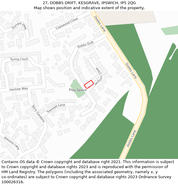 27, DOBBS DRIFT, KESGRAVE, IPSWICH, IP5 2QG: Location map and indicative extent of plot